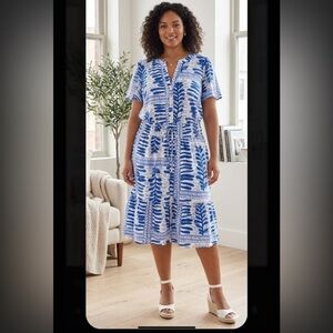LOFT Blue and White Leaf Print Midi Dress